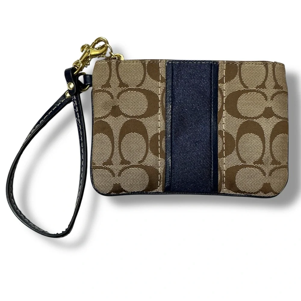 Coach Signature Navy Blue Striped Corner Zip Wristlet